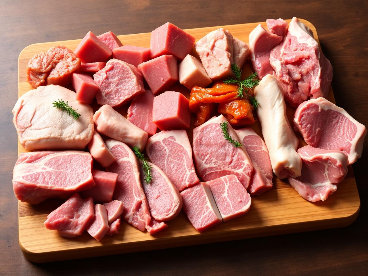 Fresh mutton and pork cuts on a wooden butcher board