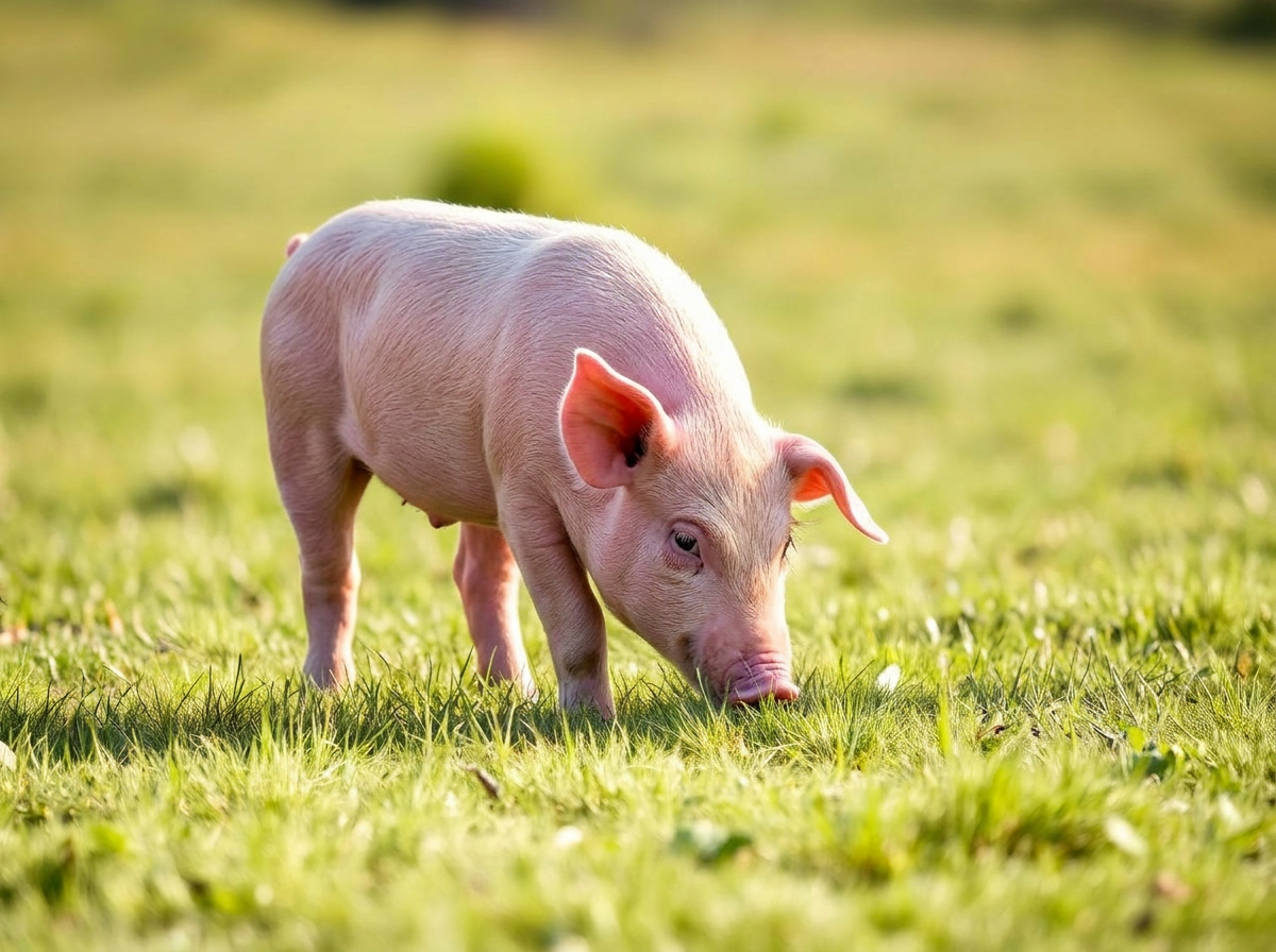 Pigs grazing on green pasture