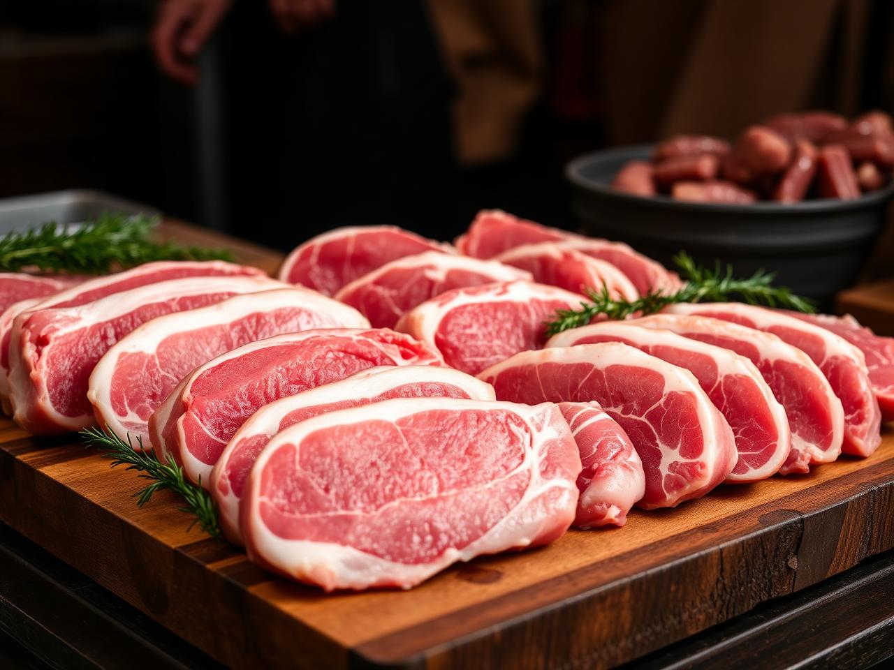Fresh pork cuts on a wooden board